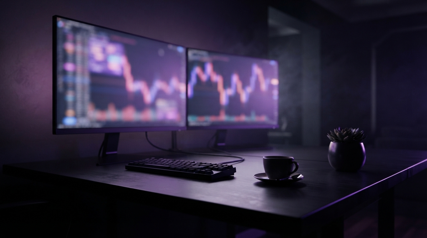 Dim purple-lit desk with dual blurred trading-chart monitors, keyboard, coffee cup, and succulent.